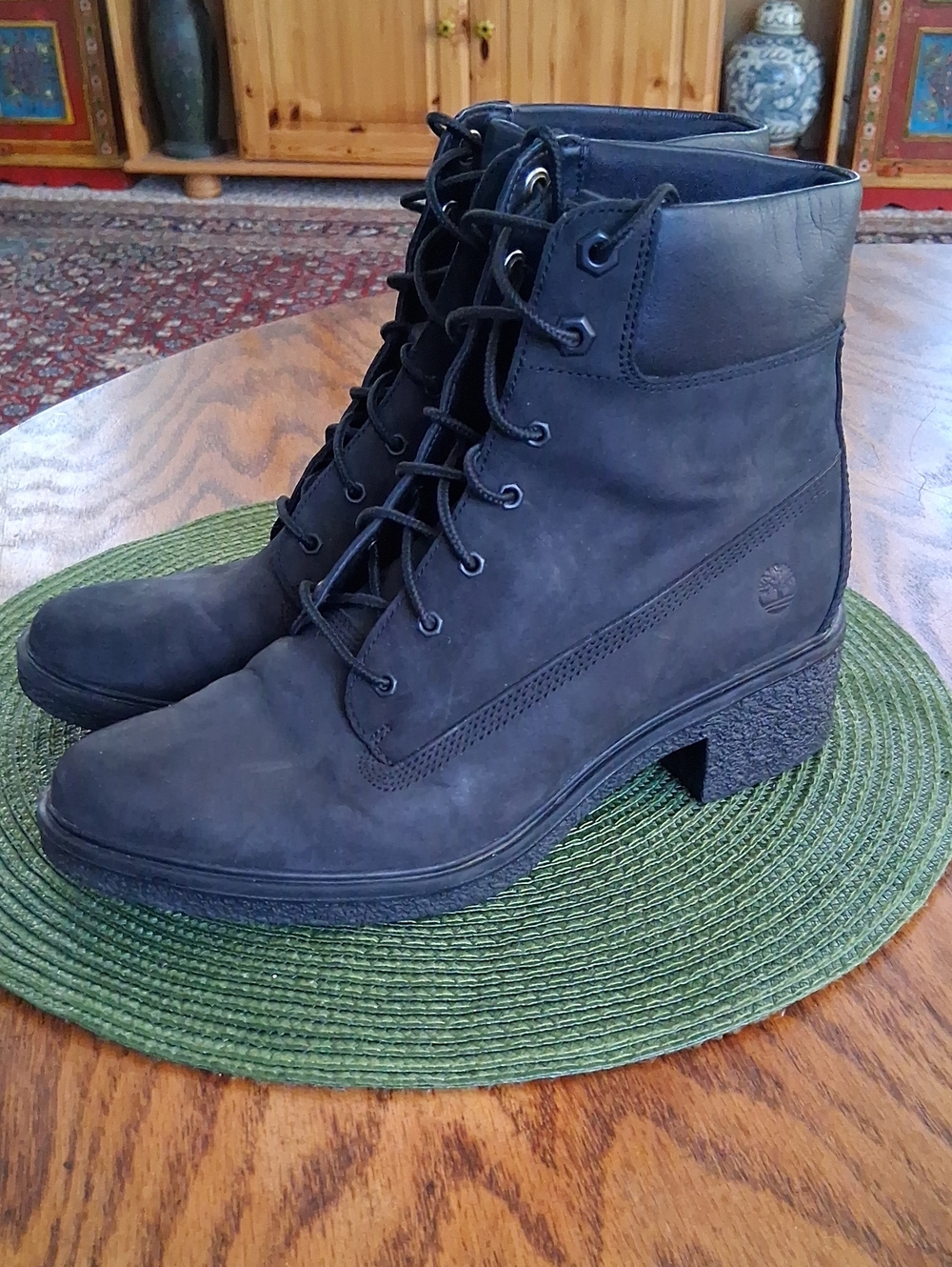 Timberland Black Leather Lace-Up Chunky Heel Utility Streetwear Boots Size 8
